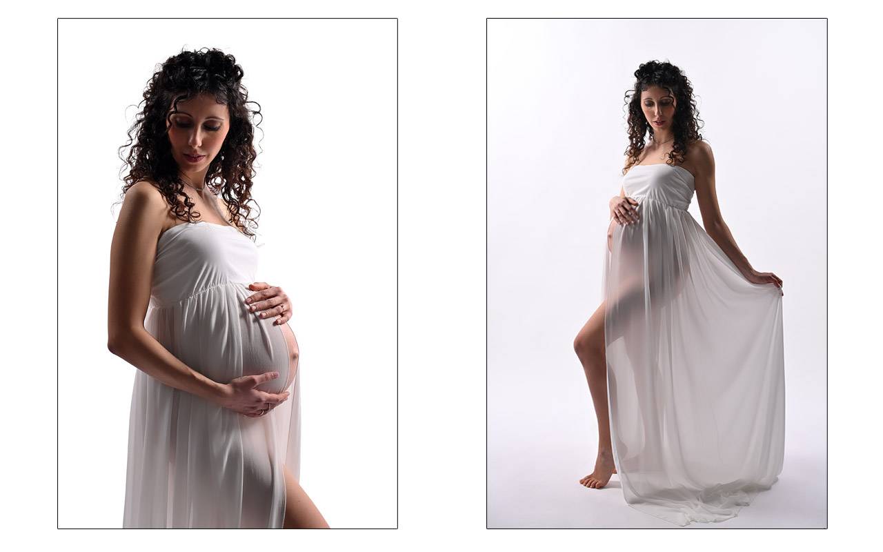 Donna in gravidanza durante un servizio fotografico maternity in studio