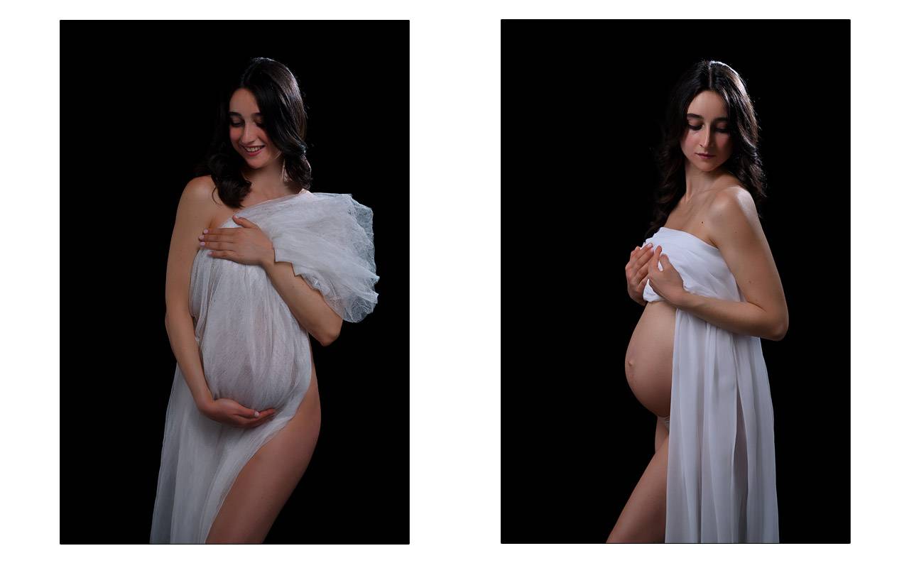Ritratti di donna in gravidanza con abiti eleganti su sfondo scuro