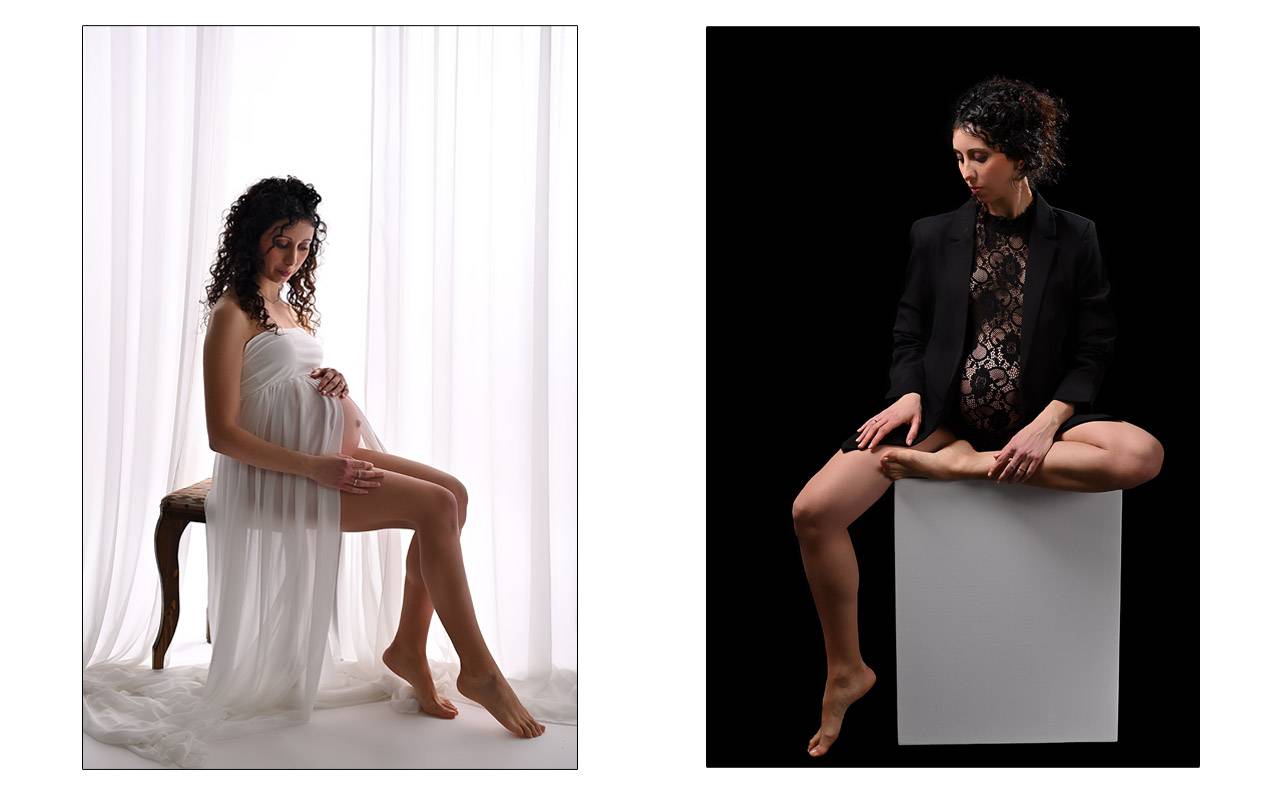 Due ritratti maternity in studio con abiti bianco e nero
