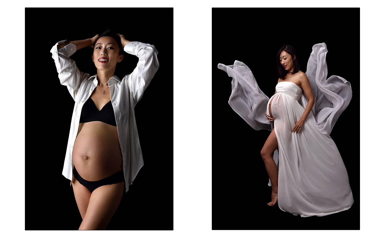 Donna in gravidanza con differenti abiti durante lo shooting maternity