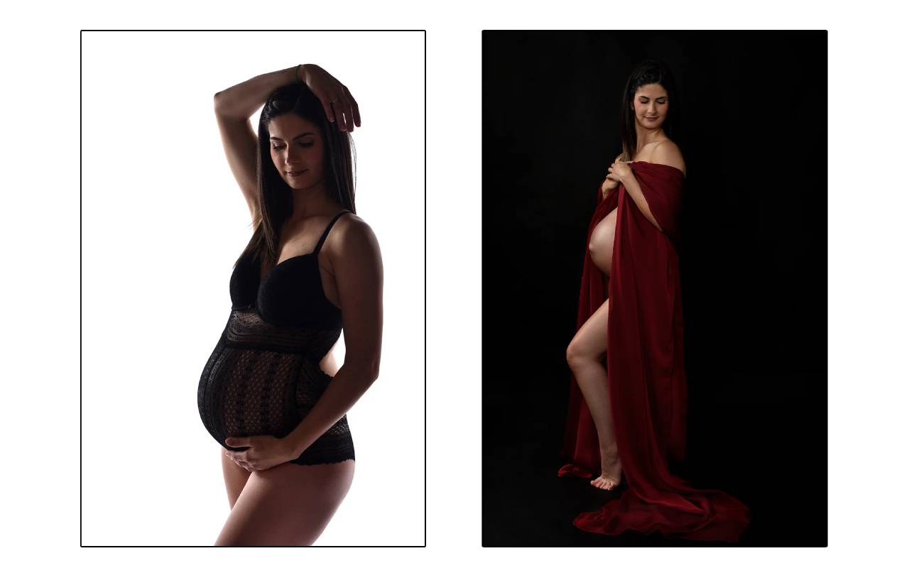 Donna in gravidanza con abiti eleganti rosso e scuro